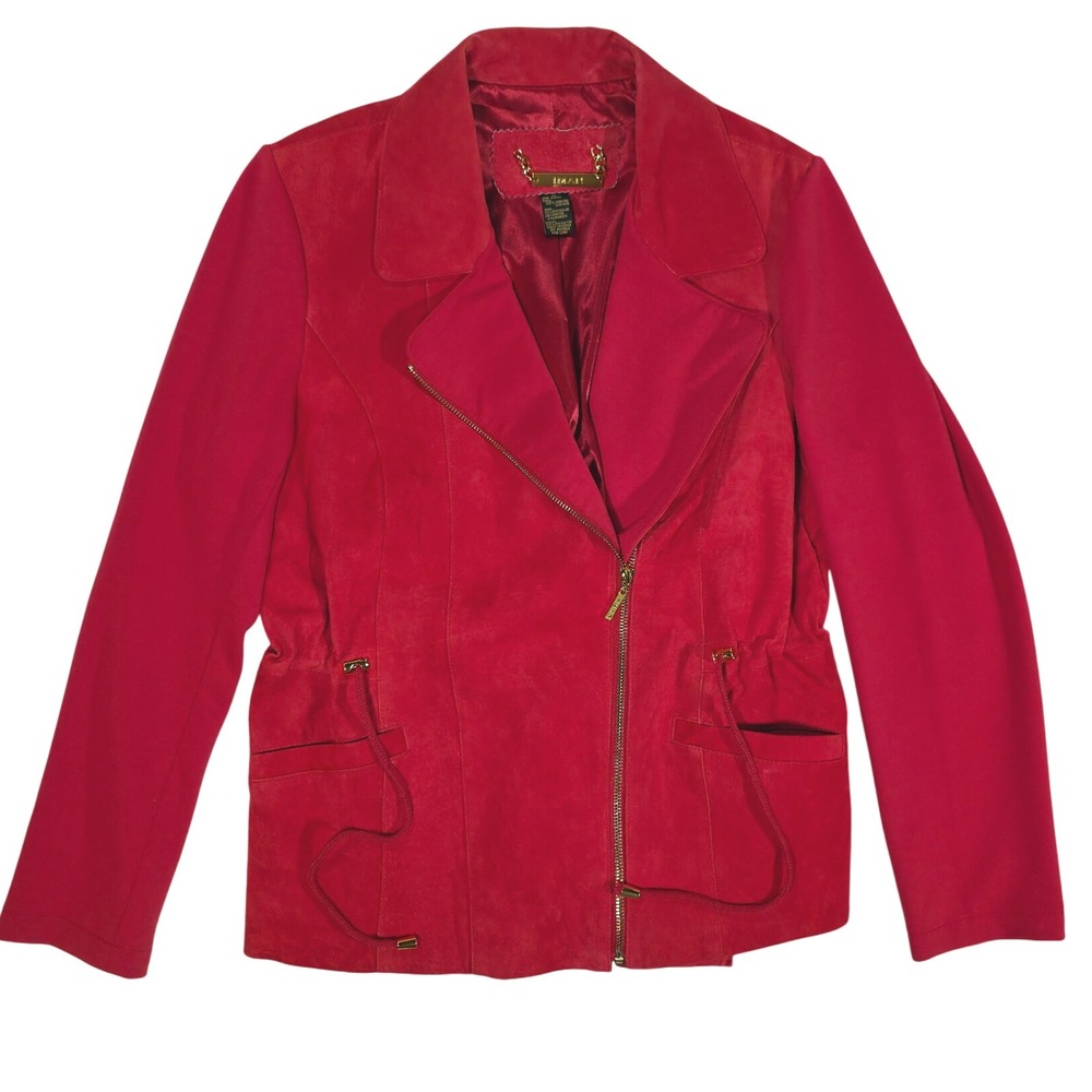 IMAN Leather Suede Moto Jacket Red Gold Hardware Knit Sleeve Womens Size M